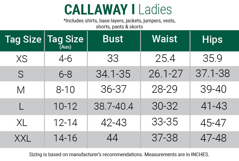 callaway-vests-womens size chart