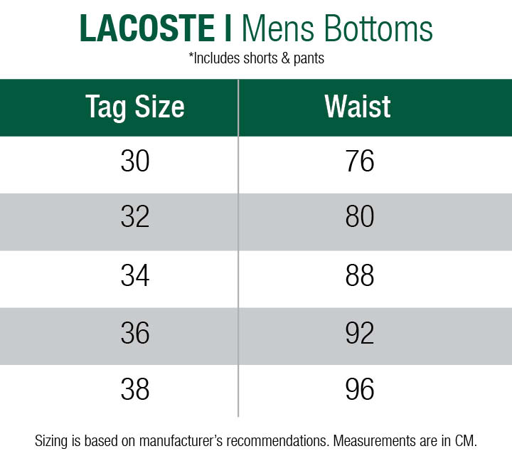 lacoste shorts size guide