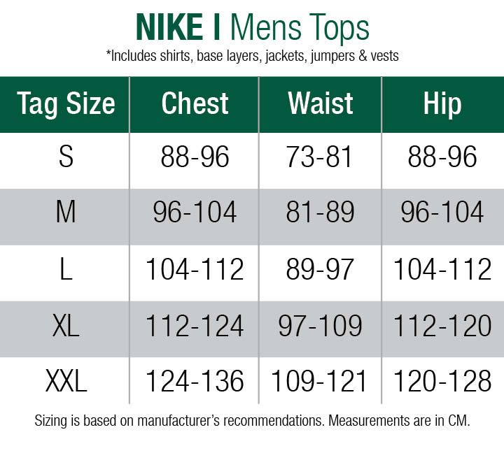 nike pullover size chart