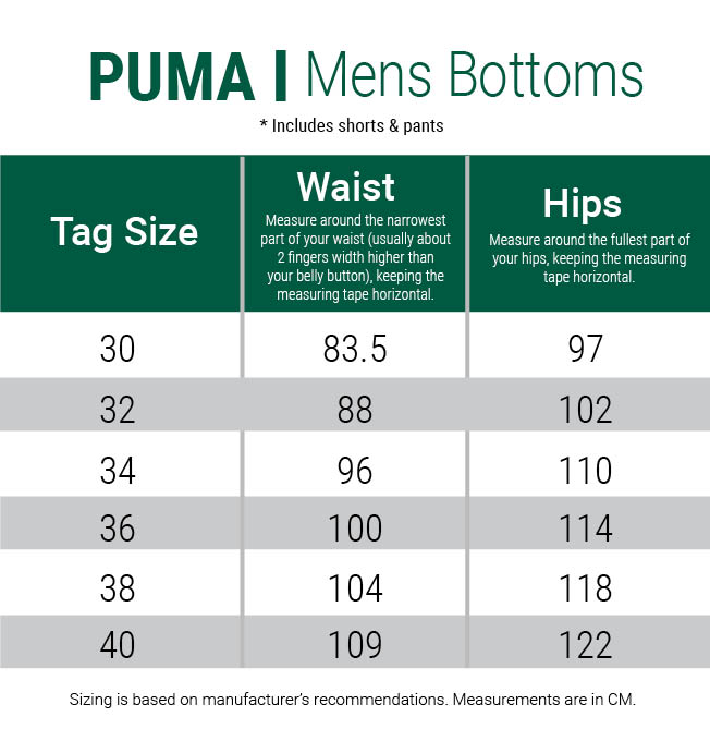 puma pants size chart
