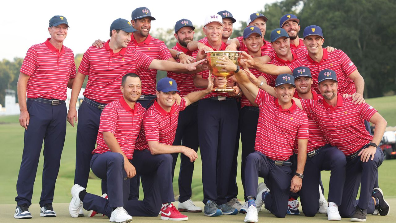 The US team celebrate their 2022 Presidents Cup win at Quail Hollow in North Carolina